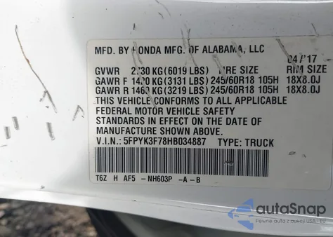 2017 Honda Ridgeline Rtl-E z USA, uszkodzony, nr VIN 5FPYK3F78HB034887